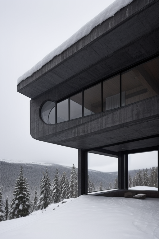 Mansion, designed by Philip Johnson, Brutalist Architecture, morning, in the snowy mountains