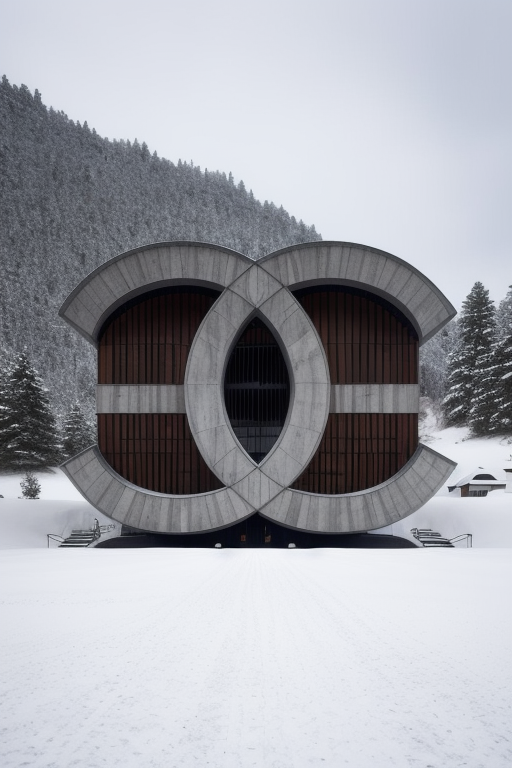 Mansion, designed by Philip Johnson, Brutalist Architecture, morning, in the snowy mountains