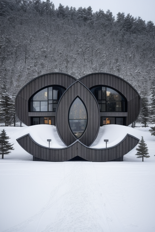 Mansion, designed by Philip Johnson, Brutalist Architecture, morning, in the snowy mountains