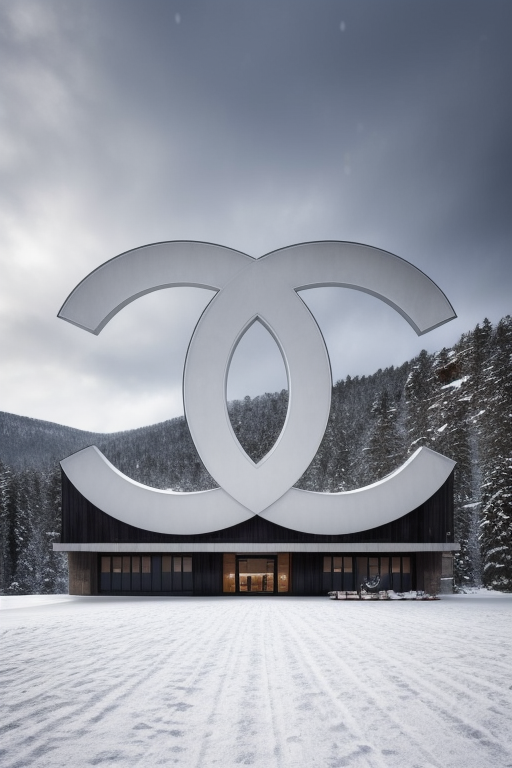 Mansion inspired by Chanel logo, designed by Philip Johnson, Brutalist Architecture, morning, in the snowy mountains