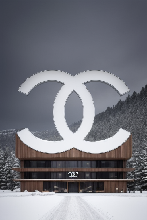 Mansion inspired by Chanel logo, designed by Philip Johnson, Brutalist Architecture, morning, in the snowy mountains