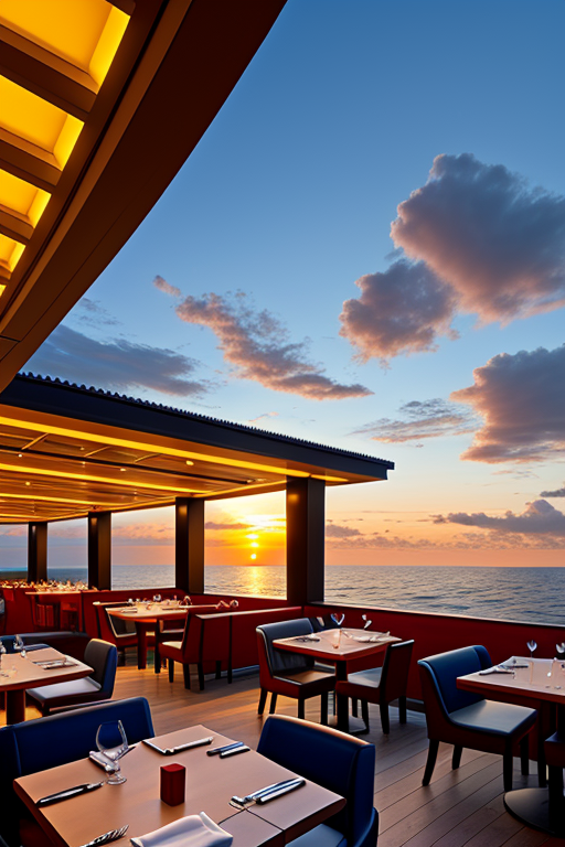 Restaurant, designed by Norman Foster, Japandi architecture, sunset, in the ocean