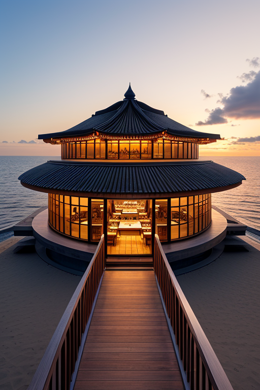 Restaurant, designed by Norman Foster, Japandi architecture, sunset, in the ocean