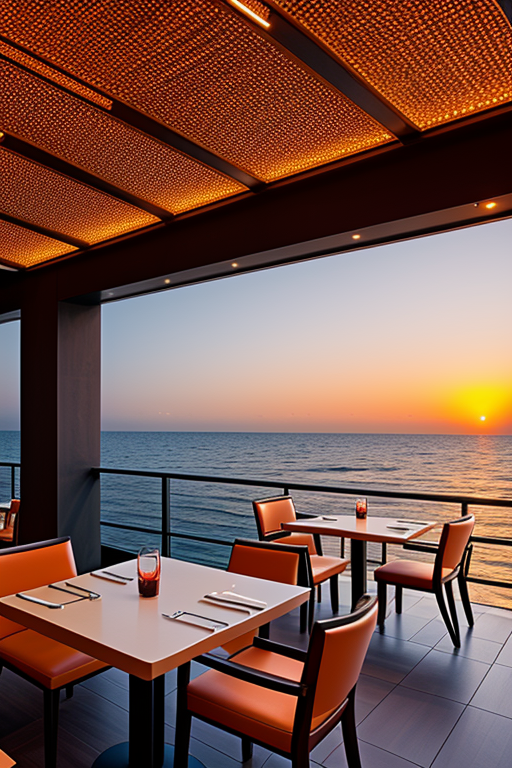 Restaurant, designed by Norman Foster, Japandi architecture, sunset, in the ocean