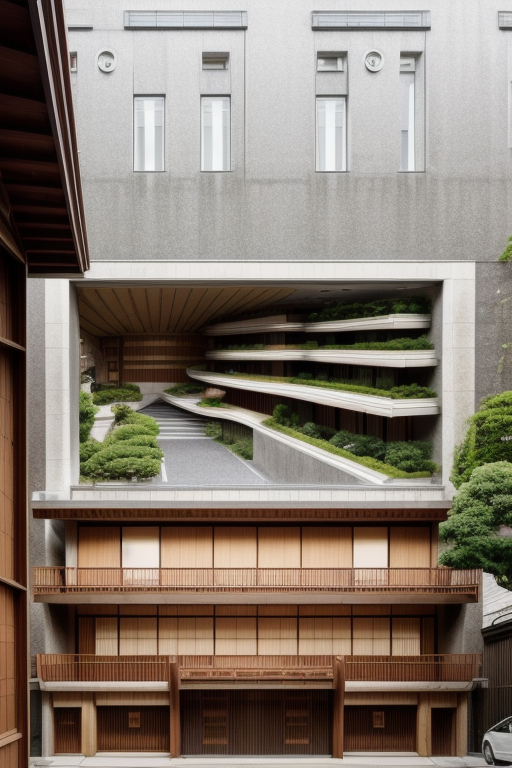 designed by Frank Lloyd Wright, Japanese architecture, afternoon, in Paris