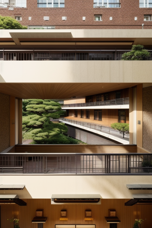 designed by Frank Lloyd Wright, Japanese architecture, afternoon, in Paris, Hotel