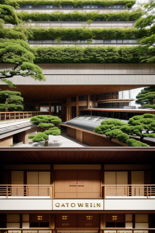 designed by Frank Lloyd Wright, Japanese architecture, afternoon, in Paris, Hotel