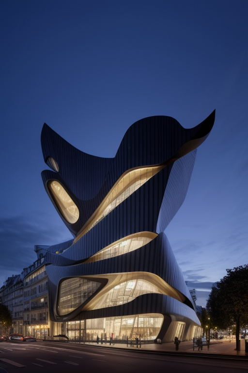 Building, designed by Zaha Hadid, Modern Architecture, night time, in Paris