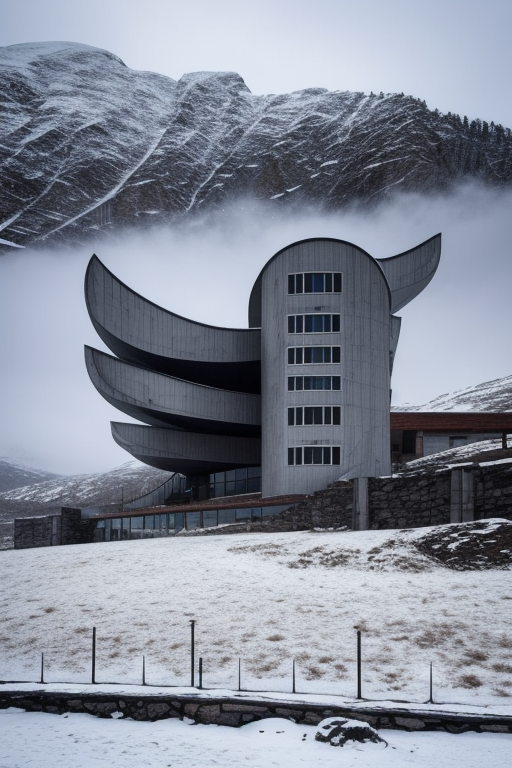 Brutalist Building, Modern Architecture, in snowy mountains