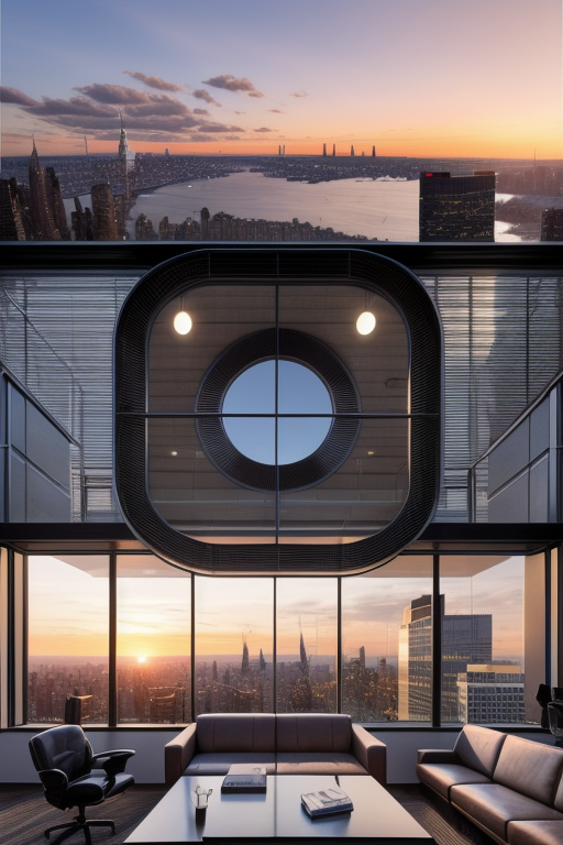 Office, designed by Norman Foster, Modern Architecture, sunset, in New York