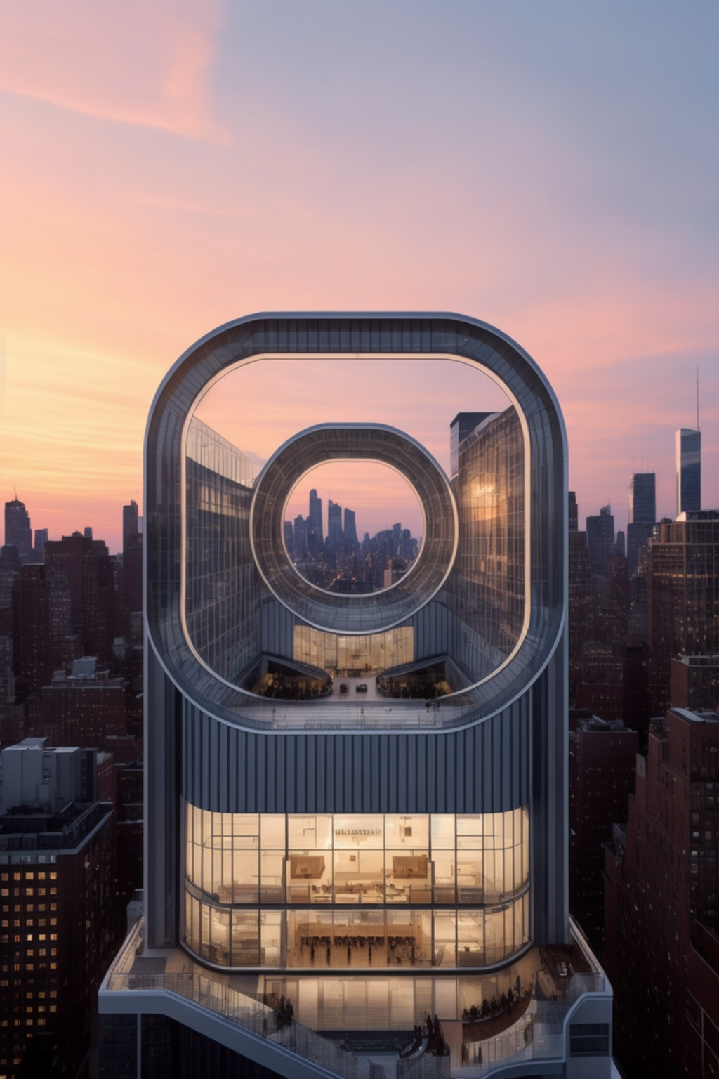 Office, designed by Norman Foster, Modern Architecture, sunset, in New York