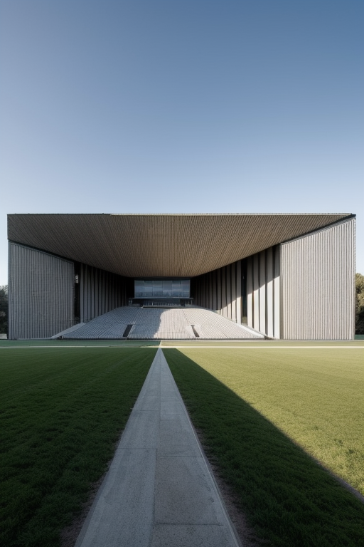 Stadium, Museum, designed by Mies Van der Rohe, Brutalist Architecture, in the afternoon, in the forest in Porto, Portugal