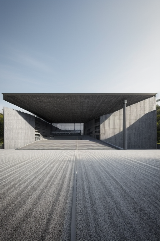 Stadium, Museum, designed by Mies Van der Rohe, Brutalist Architecture, in the afternoon, in the forest in Porto, Portugal
