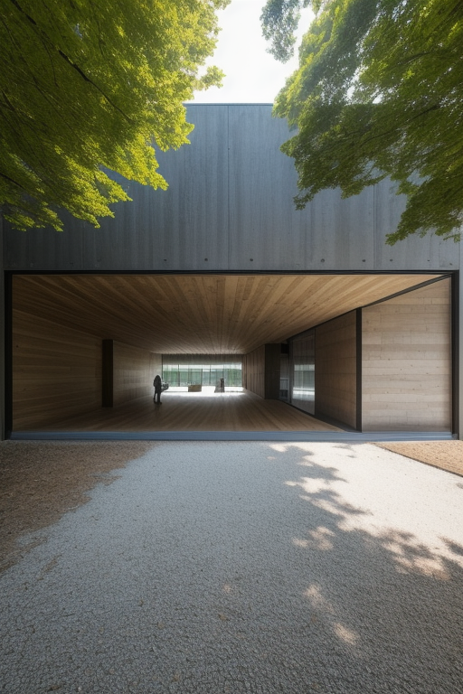 Museum, designed by Mies Van der Rohe, Brutalist Architecture, in the afternoon, in the forest in Porto, Portugal