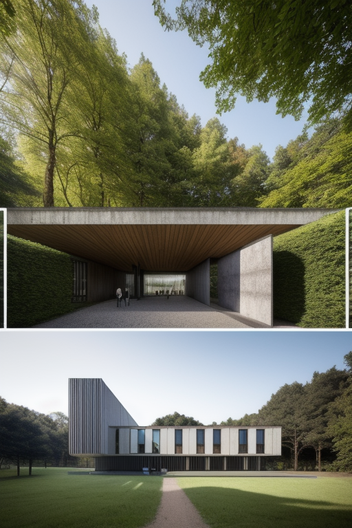 Museum, designed by Mies Van der Rohe, Brutalist Architecture, in the afternoon, in the forest in Porto, Portugal