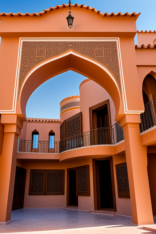 Villa, designed by Frank Gehry, traditional moroccan Architecture, in the morning, in Morocco