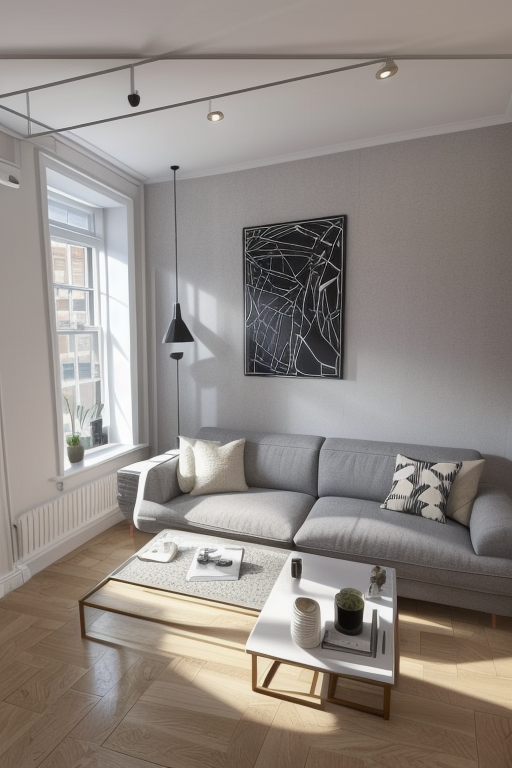 Living room in London, contemporary design, stylish, clean room, posh.