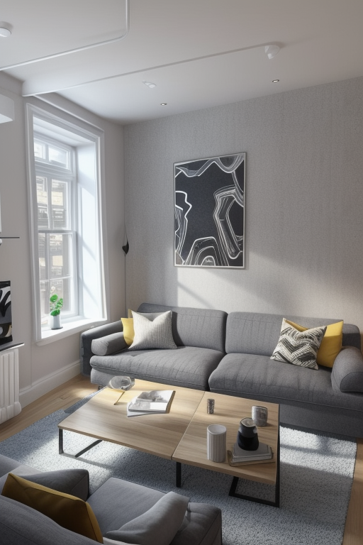 Living room in London, contemporary design, stylish, clean room, posh.