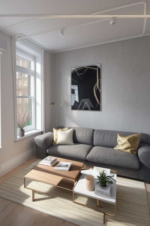 Living room in London, contemporary design, stylish, clean room, posh.