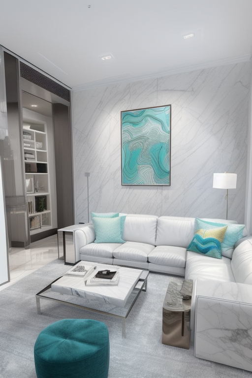 Living room (in Miami:1.5), (miami interior design:1.4), contemporary design, clean room, miami vice, white marble floors, stainless steel, leather, big windows, ocean view