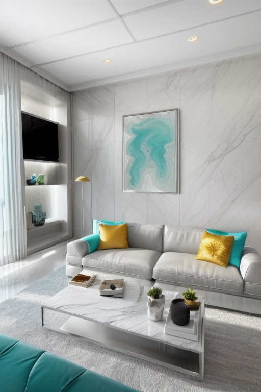 Living room (in Miami:1.5), (miami interior design:1.4), contemporary design, clean room, miami vice, white marble floors, stainless steel, leather, big windows, ocean view