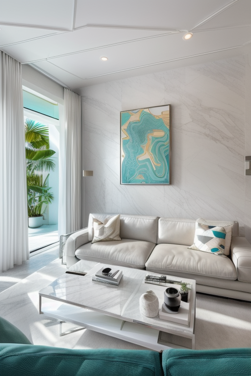 Living room (in Miami:1.5), (miami interior design:1.4), contemporary design, clean room, miami vice, white marble floors, stainless steel, leather, big windows, ocean view, contrasting couch