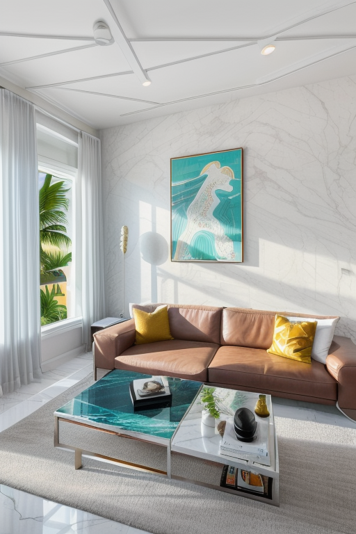 Living room (in Miami:1.5), (miami interior design:1.4), contemporary design, clean room, miami vice, white marble floors, stainless steel, leather, big windows, ocean view, contrasting couch