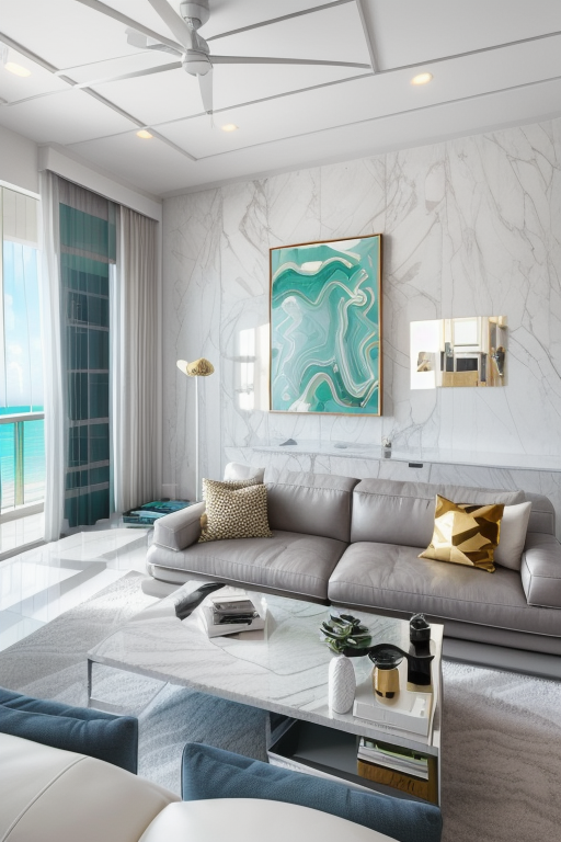 Living room (in Miami:1.5), (miami interior design:1.4), contemporary design, clean room, miami vice, white marble floors, stainless steel, leather, big windows, ocean view, contrasting couch
