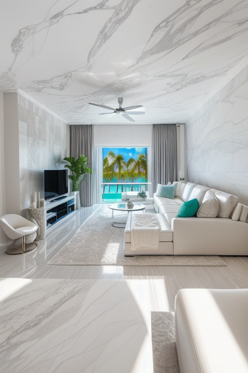 Living room (in Miami:1.5), (miami interior design:1.4), contemporary design, clean room, miami vice, white marble floors, stainless steel, leather, big windows, ocean view, contrasting couch