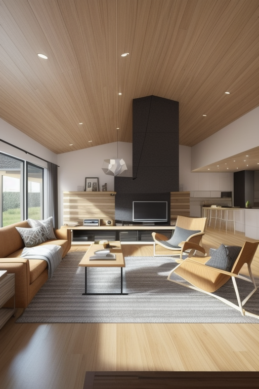 Modern style living room, clean lines, geometric shapes.