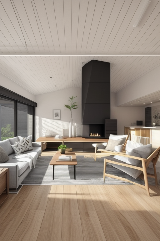 Modern style living room, clean lines, geometric shapes.