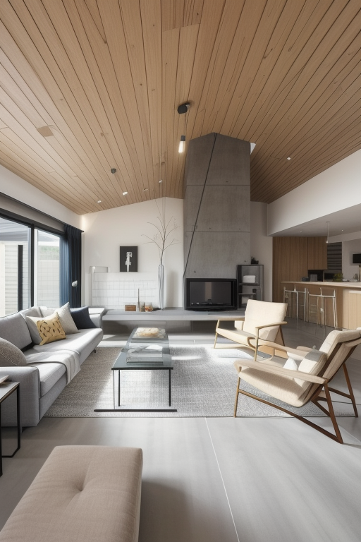 Modern style living room, clean lines, geometric shapes, neutral colour panel, simplicity and functionality, use of glass, steel, concrete