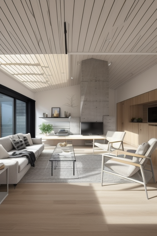 Modern style living room, clean lines, geometric shapes, neutral colour panel, simplicity and functionality, use of glass, steel, concrete