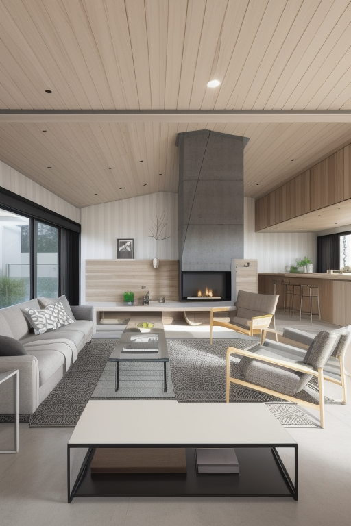 Modern style living room, clean lines, geometric shapes, neutral colour panel, simplicity and functionality, use of glass, steel, concrete