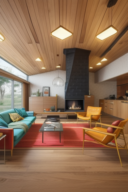 Mid Century style living room, organic shapes, mixed materials such wood, glass and metal, bold colours, retro and futuristic elements, iconic design from mid-20th century