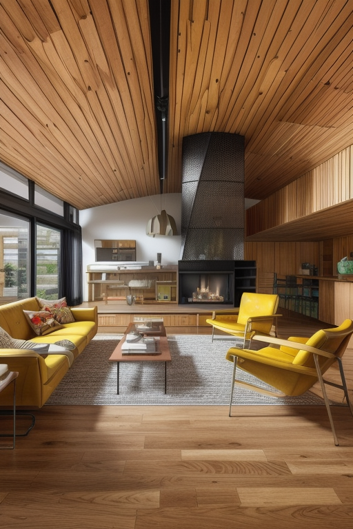 Mid Century style living room, organic shapes, mixed materials such wood, glass and metal, bold colours, retro and futuristic elements, iconic design from mid-20th century