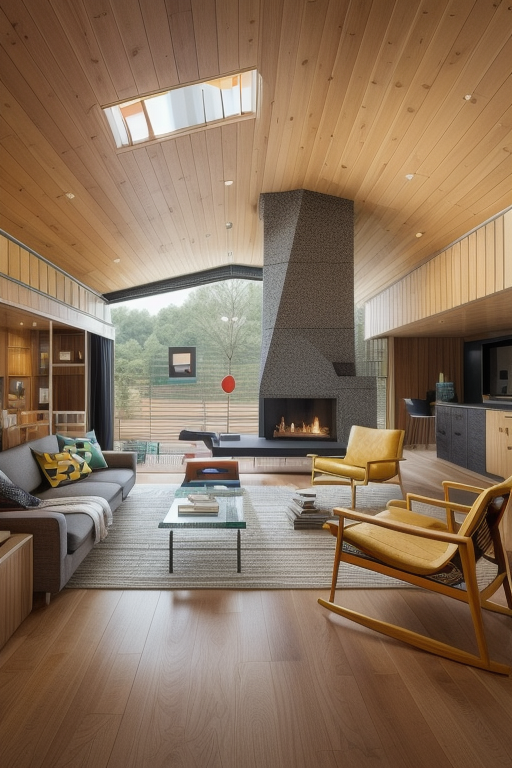 Mid Century style living room, organic shapes, mixed materials such wood, glass and metal, bold colours, retro and futuristic elements, iconic design from mid-20th century