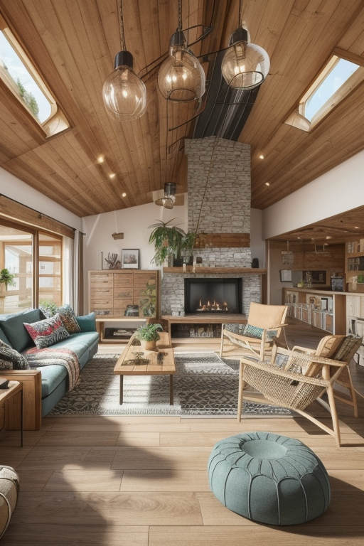 Bohemian style living room, electric and free-spirited, mix of patterns and colours, relaxed look, natural materials, vintage and human made elements