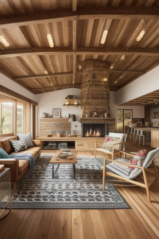 Bohemian style living room, electric and free-spirited, mix of patterns and colours, relaxed look, natural materials, vintage and human made elements