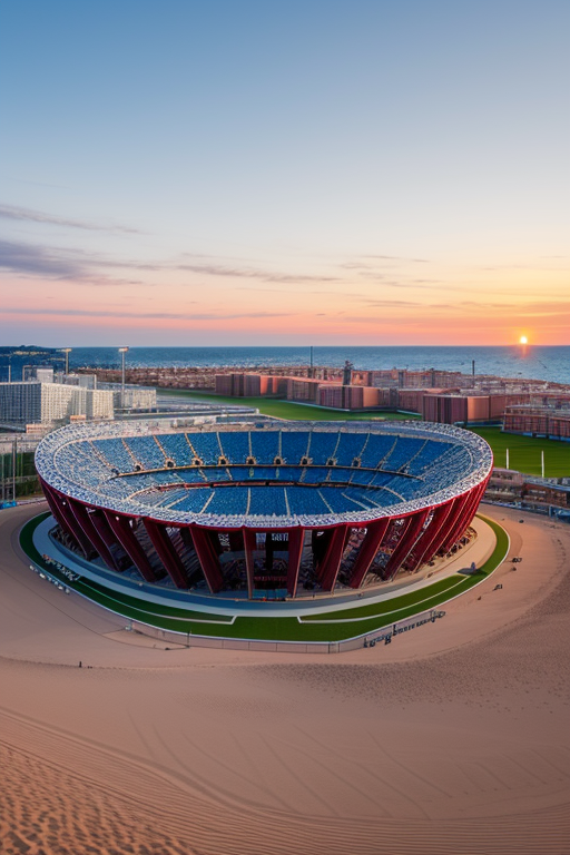 Stadium, designed by Gaudi, Neofuturist Architecture, at sunset, on the beach