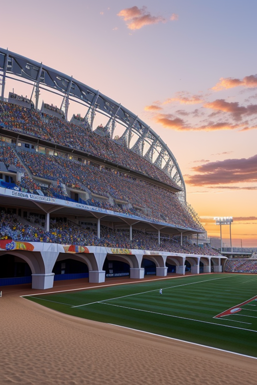 Stadium, designed by Gaudi, Neofuturist Architecture, at sunset, on the beach with triangles to colour by students
