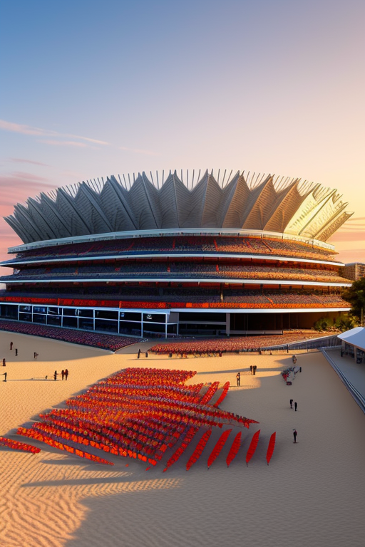 Stadium, designed by Gaudi, Neofuturist Architecture, at sunset, on the beach with triangles to colour by students
