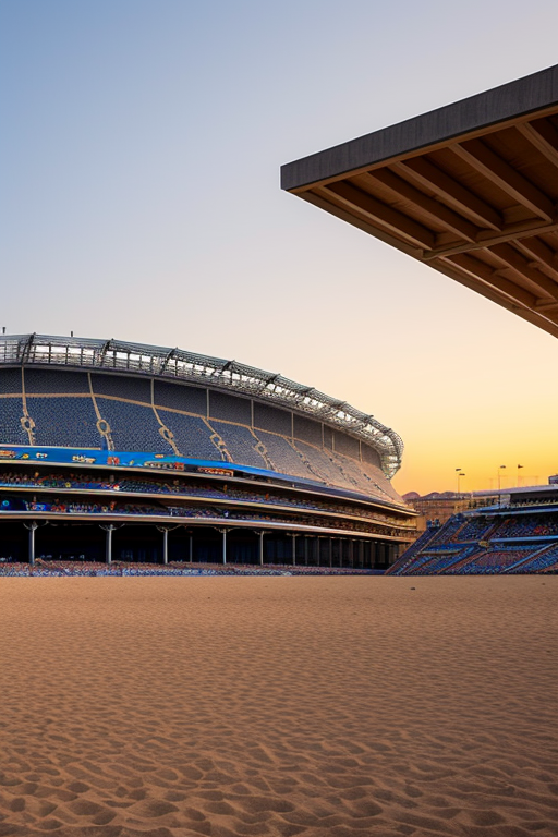 Stadium, designed by Gaudi, Neofuturist Architecture, at sunset, on the beach with triangles to colour by students
