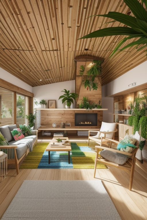 Shabby chic style living room, romantic, tropic vibes, vibrant and bold colours, botanical patterns, indoor plants, relaxed atmosphere, natural materials, bamboo, wood