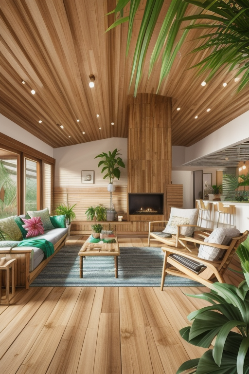 Shabby chic style living room, romantic, tropic vibes, vibrant and bold colours, botanical patterns, indoor plants, relaxed atmosphere, natural materials, bamboo, wood