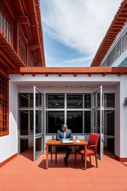 I want a office with none windows, a table in the middle and an standarte of peru in left side
