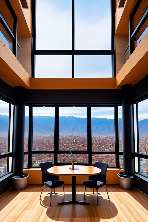 I want a office with none windows, a table in the middle and an standarte of peru in left side

