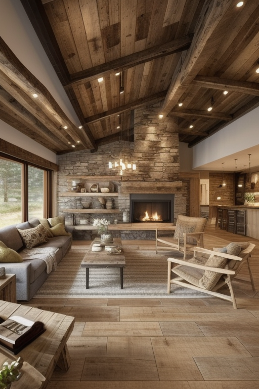 Living Room, Rustic design, warm and inviting, natural materials, wood and stone, earthy colour palette, textured finishes, exposed beams, distressed or reclaimed furniture, cozy and rugged charm