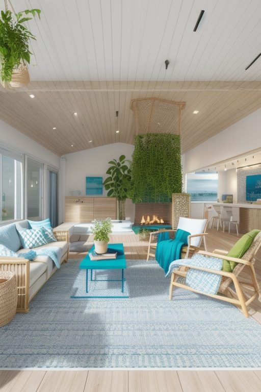 Living Room, Coastal design, light and breezy atmosphere, self colour palette, white and blue, natural textures, jute, bamboo, green plants, relaxed, casual feel, light fabrics curtains