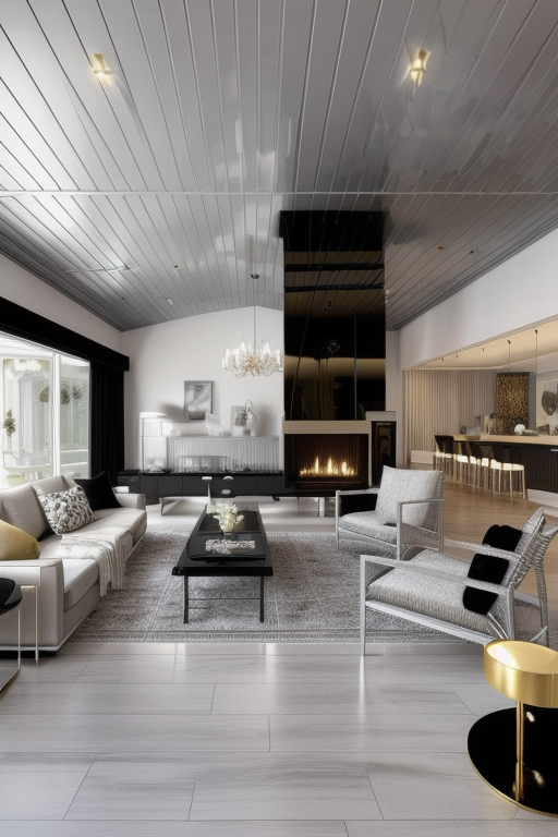 Living Room, Hollywood Glam design, glamorous and lavish, bold and luxurious colours, black, silver, mirrored surfaces, velvet and satin fabrics, dramatic atmosphere, indulgence, art-deco inspired